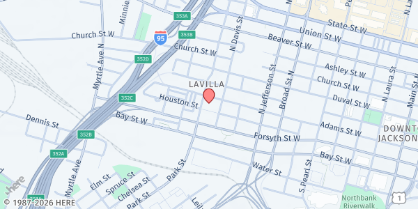 Map showing Salvation Army (The) - NE Florida Area Command at 900 W. Adams St., Jacksonville, FL