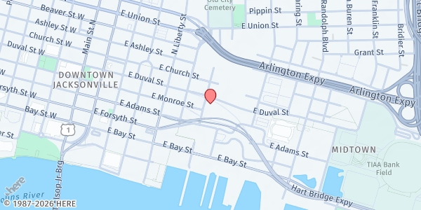 Map showing Sulzbacher Center at 611 E. Adams St., Jacksonville, FL