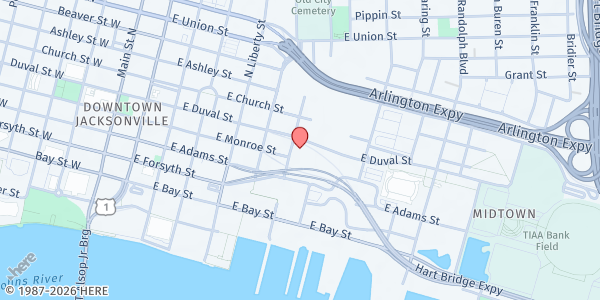 Map showing Sulzbacher Center for the Homeless at 611 E. Adams St., Jacksonville, FL