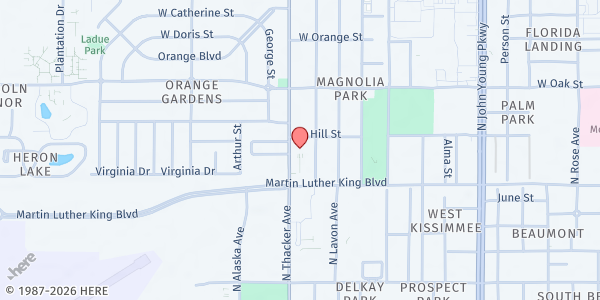 Map showing Calvary Assembly of God at 711 North Thacker Avenue, Kissimmee, FL