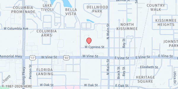 Map showing Iglesia Pentecostal Rehoboth Inc. at 205 W. Cypress St., Kissimmee, FL