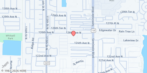 Map showing Restoration Ministries of Largo at 10888 126th Ave. N., Largo, FL