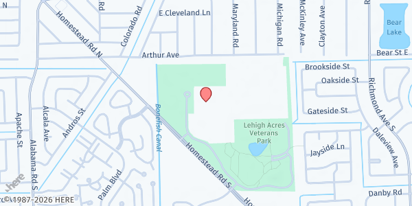 Map showing Veterans Park Academy For The Arts at 49 Homestead Rd S., Lehigh Acres, FL