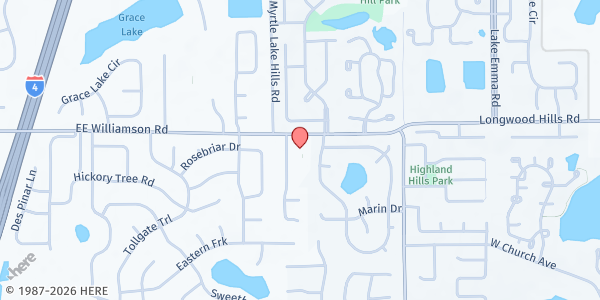 Map showing Longwood Hills Congregational Church at 1255 E.E. Williamson Rd., Longwood, FL