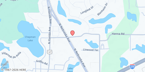 Map showing River of Life Church Food Pantry at 410 East Chapman Road, Lutz, FL