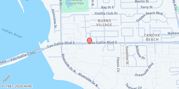 Map showing Coastline Community Church at 399 E Eau Gallie Blvd, Melbourne, FL