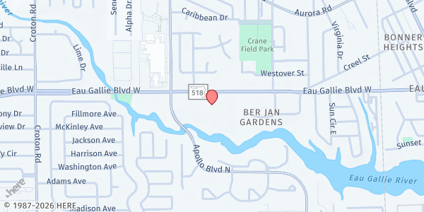 Map showing Eau Gallie First Baptist Church at 1501 W. Eau Gallie Blvd., Melbourne, FL