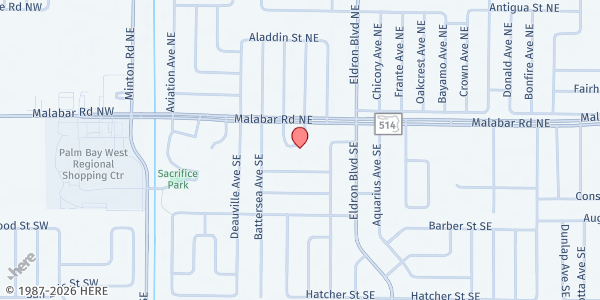 Map showing St. Vincent de Paul, Our Lady of Grace at 300 Malabar Rd SE, Melbourne, FL