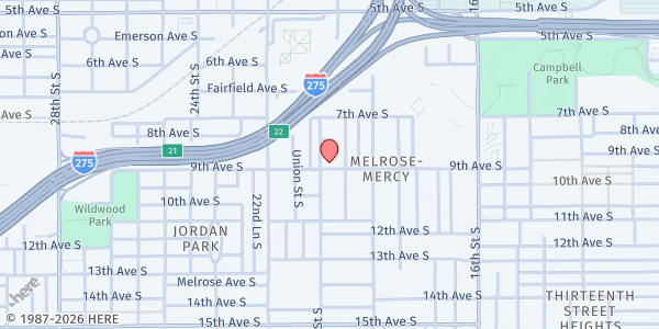 Map showing Mercy Keepers Food Pantry at 2021 9th Avenue South, Melrose-Mercy, FL