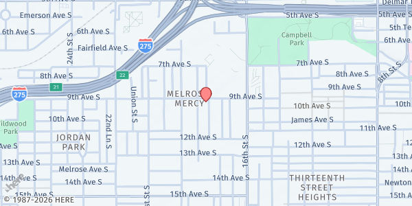 Map showing Queen Street Church of God in Christ at 1732 9th Avenue South, Melrose-Mercy, FL
