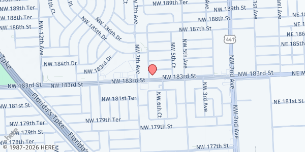 Map showing CARE Inc at 631 NW 183rd St., Miami Gardens, FL