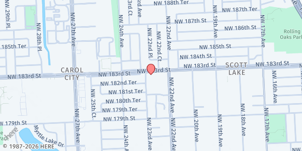 Map showing HARVEST FIRE WORSHIP CENTER, INC. at 18291 NW 23rd Ave. #3757, Miami Gardens, FL