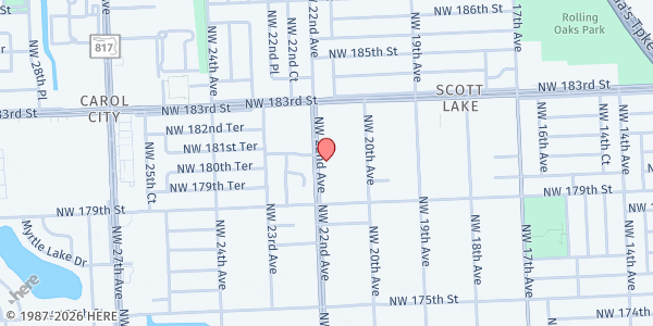 Map showing Miami Gardens Food Pantry at 18041 NW 22nd Ave., Miami Gardens, FL