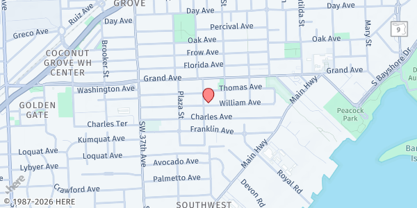 Map showing Coconut Grove Crisis Food Pantry at 3481 Hibiscus St., Miami, FL