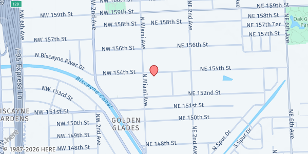 Map showing First Born Again Baptist Church at 15395 N. Miami Ave., Miami, FL