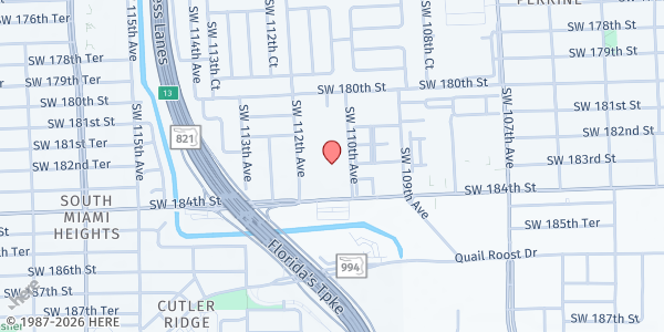 Map showing Kingdom Faith Global Ministries at 18240 SW 110th Ave., Miami, FL