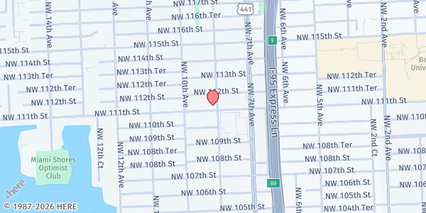 Map showing Unity Pentecostal Church of God at 801 NW 111th St., Miami, FL