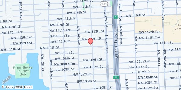 Map showing Unity Pentecostal COG at 801 NW 111th St., Miami, FL