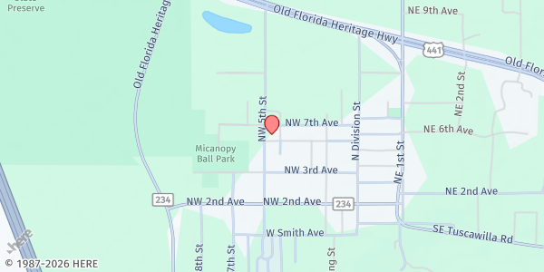 Map showing The New Beginning Christian Worship Center at 402 NW 6th Ave, Micanopy, FL