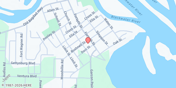 Map showing First Baptist Church of Bagdad at 4529 Forsyth St., Milton, FL