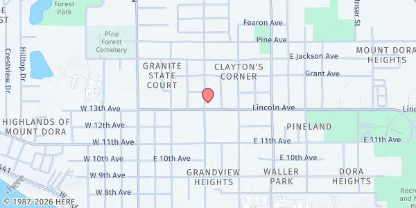 Map showing House of God Mount Dora at 1300 North Grandview Street, Mt. Dora, FL