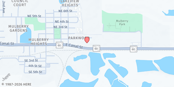 Map showing First Assembly of God Mulberry at 1400 E. Canal St., Mulberry, FL