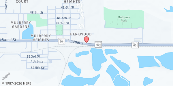 Map showing First Assembly of God Mulberry at 1400 E Canal St, Mulberry, FL