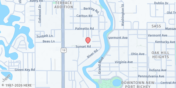 Map showing Faith Lutheran Church Emergency Food Pantry at 5443 Sunset Road, New Port Richey, FL