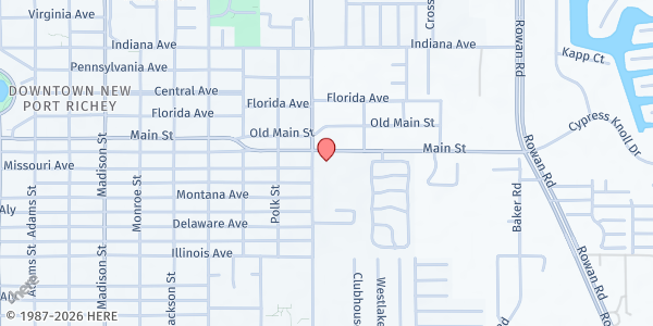 Map showing Hopeville Family Ministries Food Pantry at 6508 Main St., New Port Richey, FL