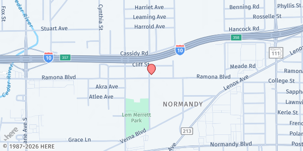 Map showing EVANGEL TEMPLE ASSEMBLY OF GOD at 5475 Ramona Boulevard, Normandy, FL