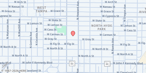 Map showing South Tampa Jewish Family Services - Food Bank at 522 North Howard Avenue, North Hyde Park, FL