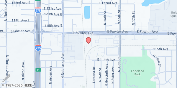 Map showing Crossover Community at 1235 East Fowler Avenue, North Tampa, FL