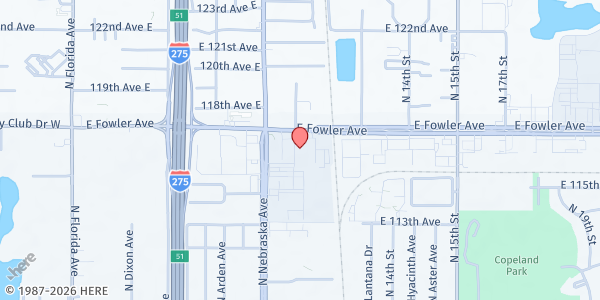 Map showing Kingdom Worship Center at 11605 North Nebraska Avenue, North Tampa, FL