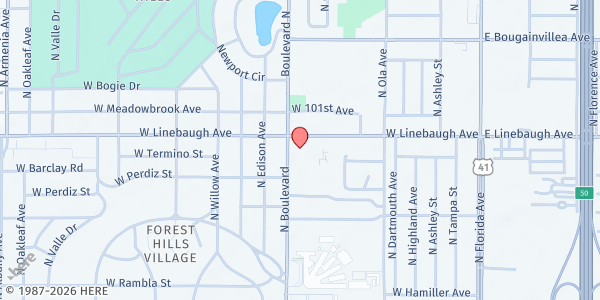 Map showing Tampa First SDA Church at 822 West Linebaugh Avenue, Northwest Tampa, FL