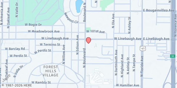 Map showing Tampa First Seventh-Day Adventist Church at 822 West Linebaugh Avenue, Northwest Tampa, FL