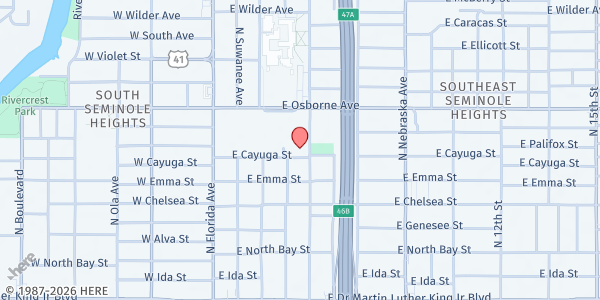 Map showing MCC Tampa Food Pantry at 408 East Cayuga Street, Old Seminole Heights, FL