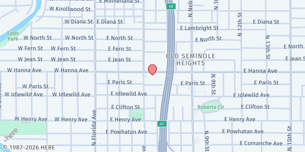 Map showing United Methodist Church-Seminole Heights at 6111 North Central Avenue, Old Seminole Heights, FL