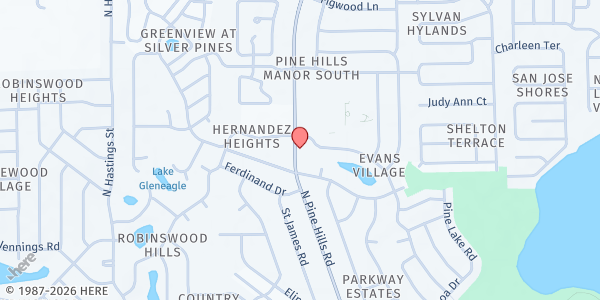 Map showing Pine Hills Community Church at 1305 North Pine Hills Road, Orlando, FL