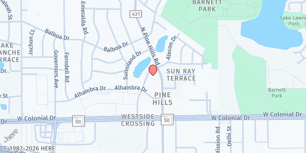 Map showing Recover Orlando Food Pantry at 800 N Pine Hills Road, Orlando, FL