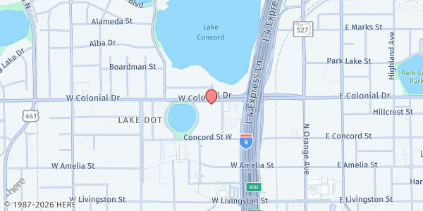 Map showing Salvation Army Food Pantry Orlando at 416 West Colonial Drive, Orlando, FL