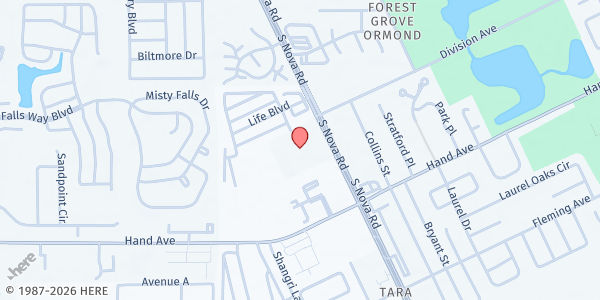 Map showing Prince of Peace Social Services at 600 South Nova Road, Ormond Beach, FL