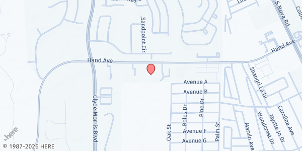 Map showing Tomoka Christian Church at 1450 Hand Avenue, Ormond Beach, FL