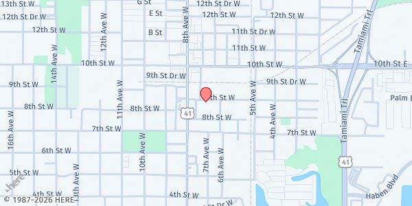 Map showing New Life General Baptist Church at 609 9th St. W., Palmetto, FL