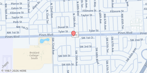 Map showing His Place Ministries at 7020 Pines Blvd., Pembroke Pines, FL