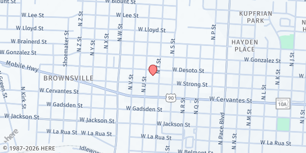 Map showing Bright Bridge Ministries at 2600 W. Strong St., Pensacola, FL