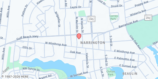 Map showing First Baptist Church of Warrington at 105 Gulf Beach Hwy., Pensacola, FL
