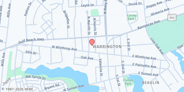 Map showing First Baptist Church of Warrington at 105 Gulf Beach Highway, Pensacola, FL