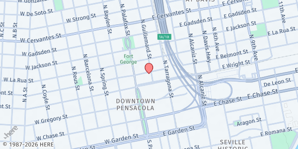 Map showing First United Methodist Church - Serving The Hungry Plus at 6 E. Wright St., Pensacola, FL