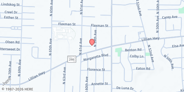 Map showing Myrtle Grove Baptist Church at 5920 Lillian Hwy., Pensacola, FL