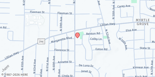 Map showing Myrtle Grove United Methodist at 1030 N. 57th Ave., Pensacola, FL
